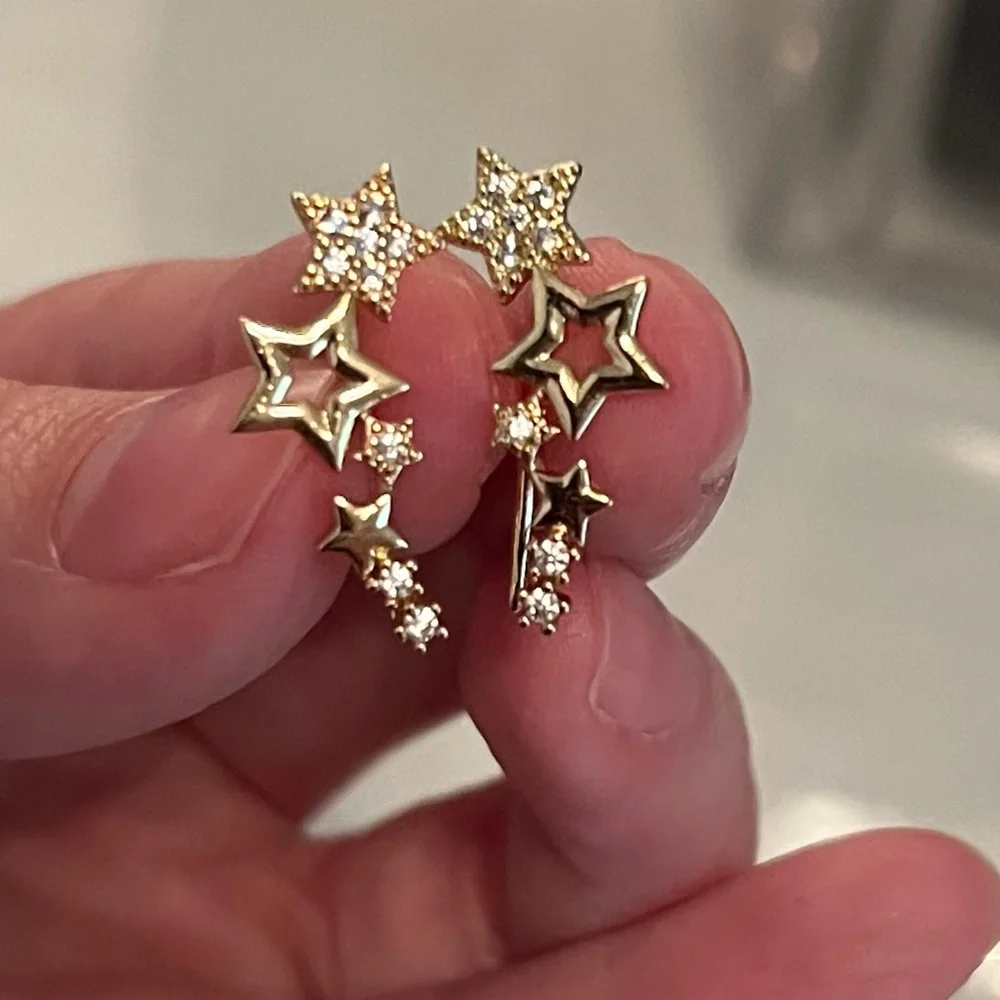 Gold Diamond Star Ear Climbers - Picture 3 of 4